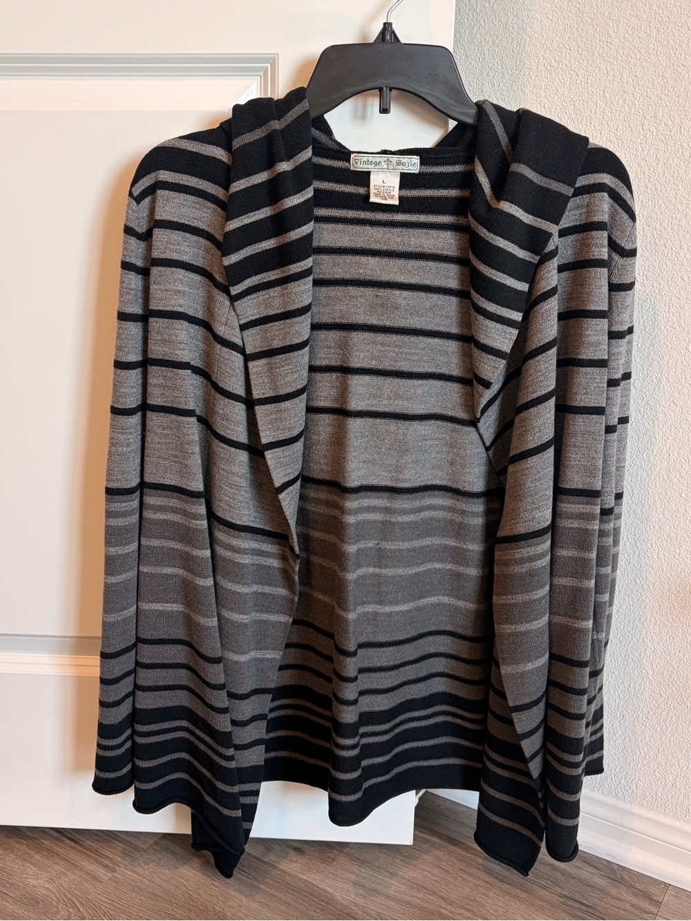Vintage Suzie gray/black striped knit cardigan with hood